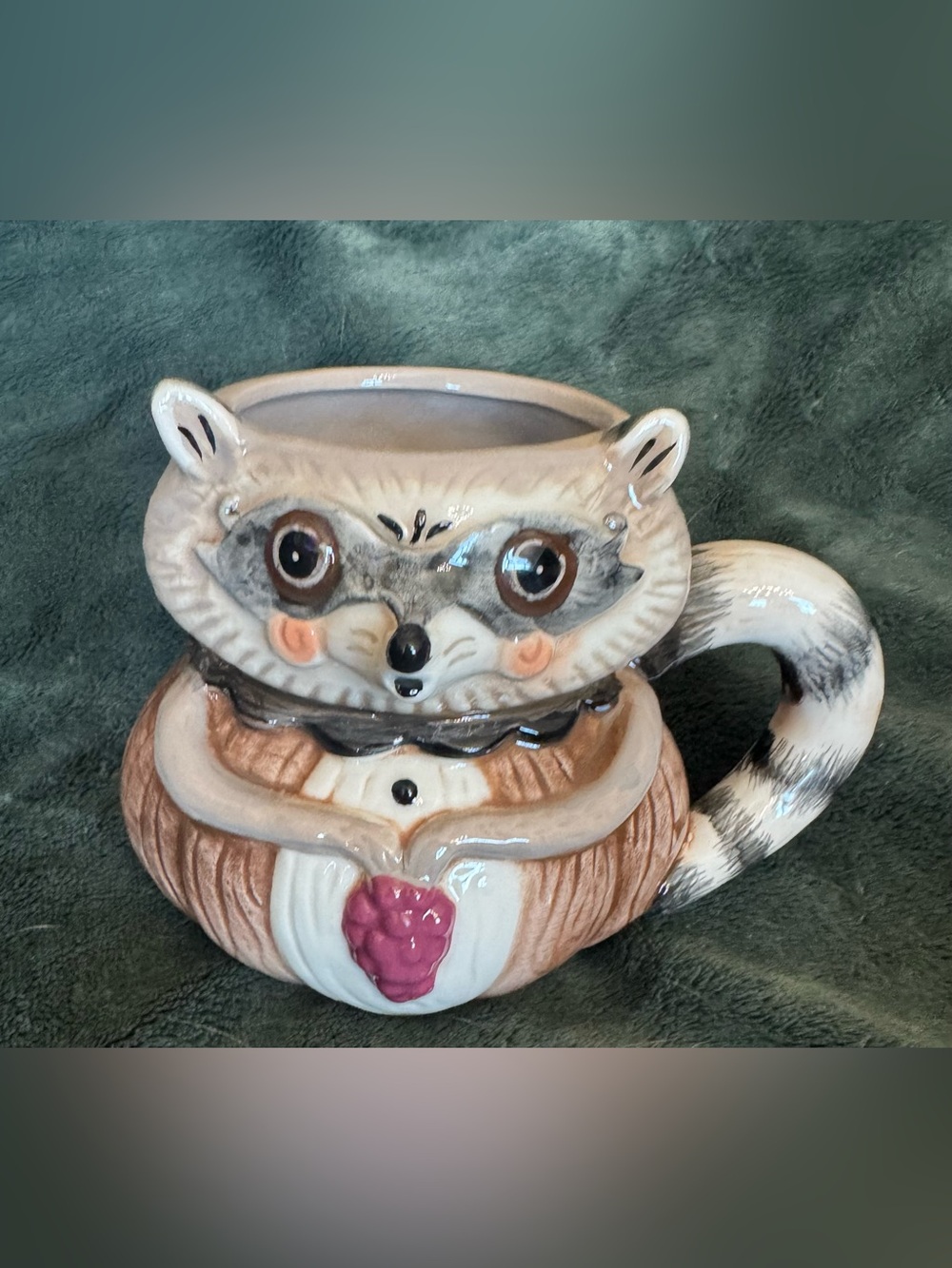 Johanna Parker Autumn Fall Thanksgiving Coffee Mug Raccoon w/Grapes NWT